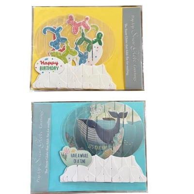 2 Snow Globe Greetings Happy Birthday Cards Balloons Whale Up With Paper Pop-Up - Image 1 of 4
