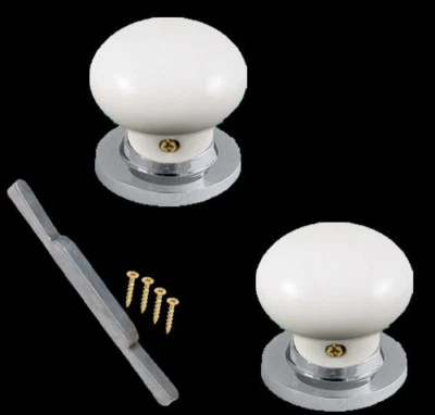 PORCELAIN MORTICE DOOR KNOB PLAIN WHITE CHROME ROSE 60mm (PAIR) - Image 1 of 4