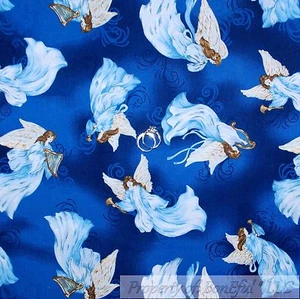 BonEful Fabric FQ Cotton Quilt VTG Blue Angel Fairy Wings Teal White Dress Music - Picture 1 of 9