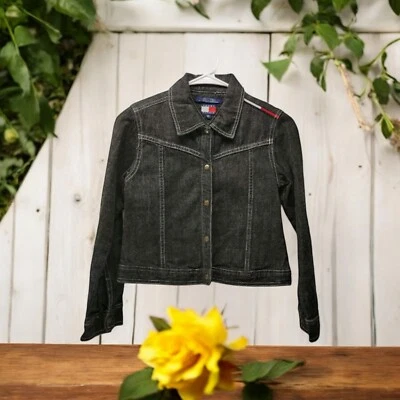 VTG TOMMY HILFIGER Sz Medium Kids Girls Boys Denim Jacket Black  - Image 1 of 4
