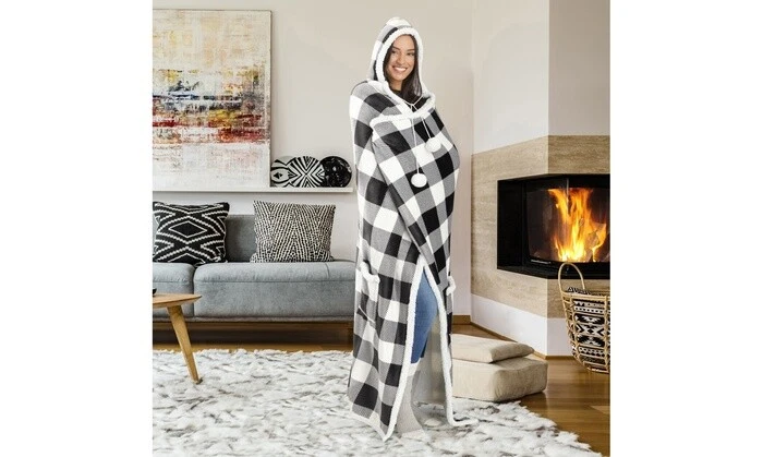 Hooded throw wearable blanket Buffalo Plaid Black and White - Image 1 of 1