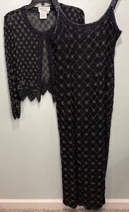 VTG Papell Special Occasion Silk Beaded Maxi Dress Size 8 10 12 Black Slit Gown - Picture 1 of 23