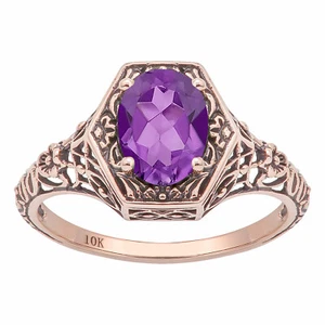 10k oro rosa estilo vintage genuino oval amatista filigrana anillo - Imagen 1 de 5