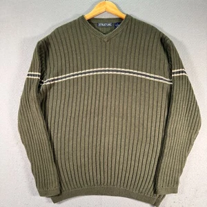 Vintage Structure Knit Sweater Men Medium Green Stripe Trendy Comfort Grandpa - Picture 1 of 10