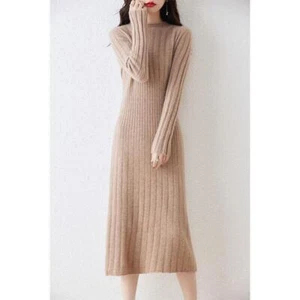 Womens Ladies Wool Knit Dress Midi Pullover Sweater Round Neck Knitwear Dresses - Picture 1 of 16