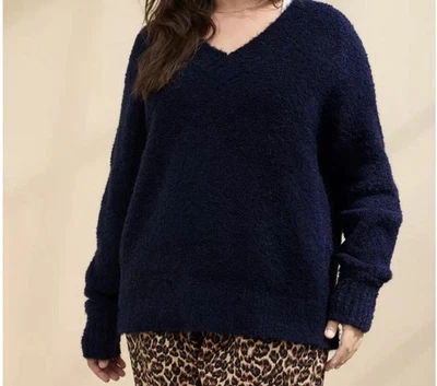 NWT Aerie Teddy Boucle Navy V-neck Oversized Sweater Wool Blend Sz M Cozy - Image 1 of 4