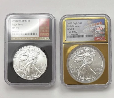 2025 Silver Eagle MS70 Vegas Label Gold Foil(1 of 2000) and MS69 Eagle Privy - Image 1 of 4