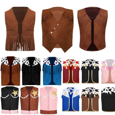Boys Girls Cowboy Cowgirl Costume Vest Carnival Fancy Fringe Cow Print Waistcoat - Image 1 of 2