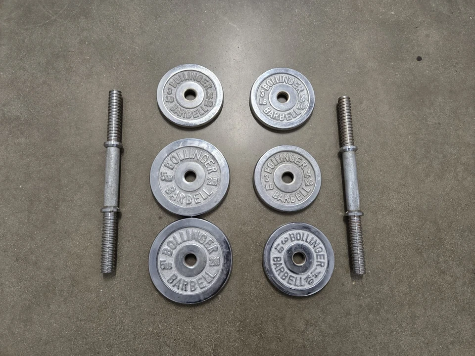 Vtg Bollinger Dumbell 4 Plates Weights 3 lb 1.4kg 2 5lbs 2.25kg Chrome Threaded - Image 1 of 4