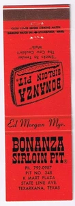 Streichholzhefthülle Bonanza Sirloin Pit Texarkana Texas - Bild 1 von 2