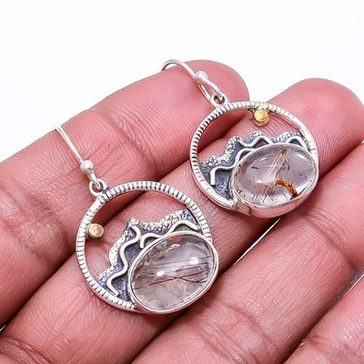 Golden Rutilated Quartz 925 Sterling Silver Earring 1.37" E44, Christmas Gift - Image 1 of 4