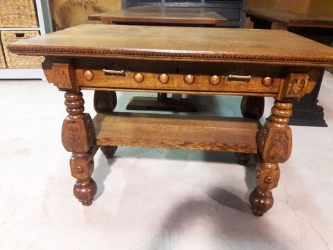 Carved Oak Library Table with Drawer or Desk Cover