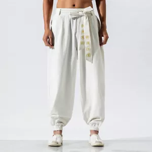 Hommes Lacet Pantalon Sarouel Chinois Tai Chi Entraînement Wushu Kung Fu - Foto 1 di 17