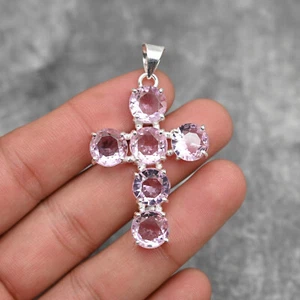 Natural Pink Kunzite Gemstone Cross Pendant 925 Sterling Silver Handmade Jewelry - Picture 1 of 5