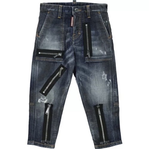 Jeans £355 Dsquared2 bambini blu effetto invecchiato cerati con accenti cerniera