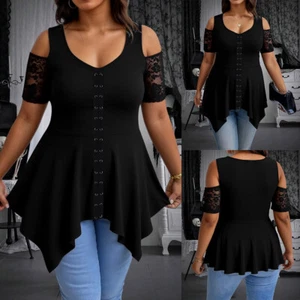 Plus Size Women Gothic Lace Cold Shoulder T-Shirt Tops Irregular Ruffle Blouse - Picture 1 of 16