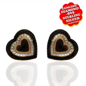 Heart Shape Round Black & White Natural Diamond Earrgs  14K Yellow Gold Plated