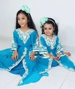 Kids Ramadan Special New Blue Girls Kaftan Dress Moroccan Dubai Style - Picture 1 of 3