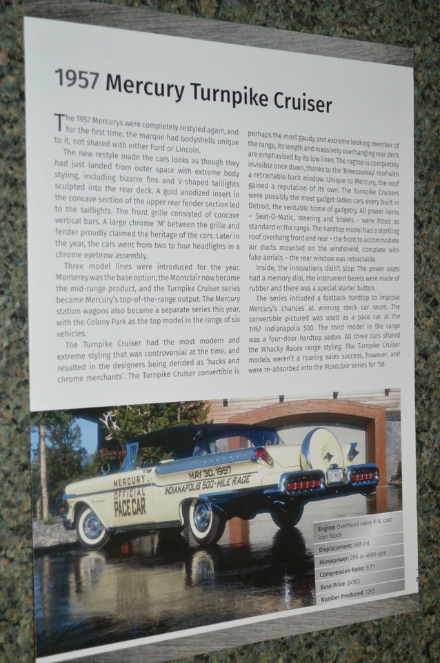 1957 Mercury Turnpike Cruiser Pace Car Info Spec Sheet Photo Feature Print 57 3 - Image 1 of 1