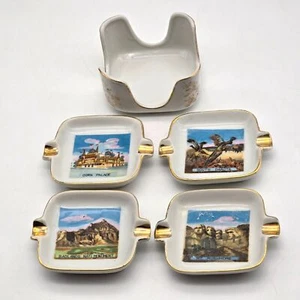 Vintage Japan Souvenir Ashtray Set With Holder - Gold Trimmed Ceramic Miniature - Picture 1 of 14