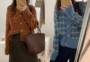 Cardigan floreale donna lavorato a maglia bottoni anteriore aperto cotone manica lunga maglione superiore - Foto 1 di 13