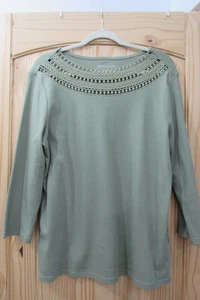 Draper's & Damon's Sweater Womens Large Sage Green Crochet Yoke Pullover Top - Picture 1 of 8
