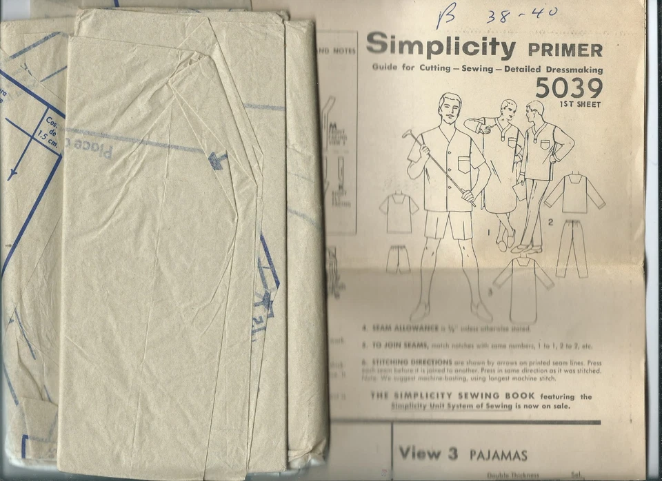 S 5039 sewing pattern 60's manly PAJAMAS Top Pants NIGHTSHIRT size Medium 38-40 - Image 1 of 1