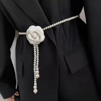 White Faux Pearl Camellia Flower Adjustable Belt Waist Belly Body Chain Jewelry - image 1 of 4