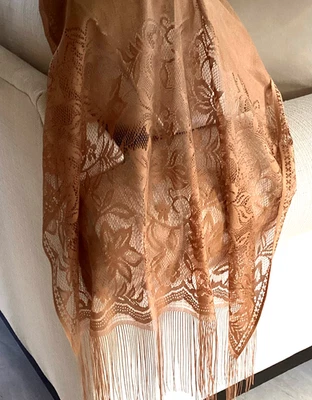 Brown gold floral shawl, wrap, with fringe,  24"x 69" - Image 1 of 2