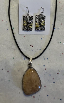 Pingente de pedra preciosa prata 925 com jaspe com brincos de libélula - Imagem 1 de 4