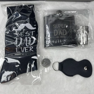 Dad Gift Set in Gift Box Flask, Shot Glasses, Socks, Keychain, Pocket Coin – NIB - Image 1 of 4