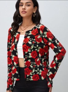 Damen Rot Rose Blumenjacke Blazer Mantel - Bild 1 von 5