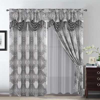Petrichor Elegance Curtains with Gold Silver Threads 2 Panels Set - Luxury Wi... - Image 1 of 4
