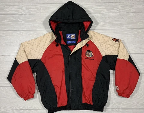 Vtg Chicago Blackhawks Starter Full Zip Hooded Jacket Sz L 90s NHL Hockey Cover