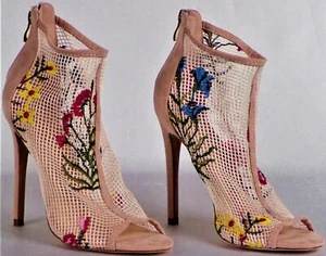 JUBILEE size 8 beige mesh + multicolor floral ultra-high-heel ankle booties - Picture 1 of 12