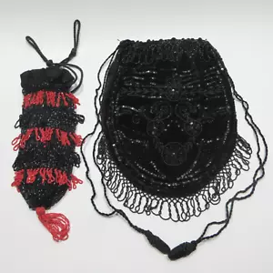 2 Vintage Beaded Flapper Purses Black Drawstring Reticule Handbags - Picture 1 of 12