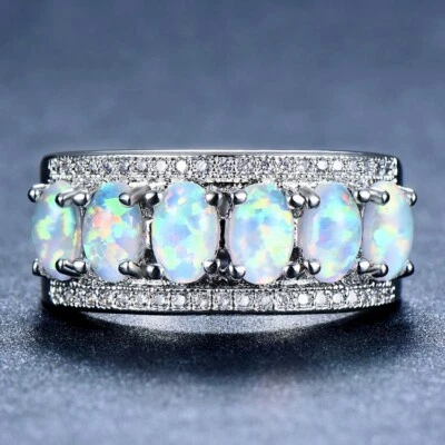 Anillo europeo 6 piedras ópalo blanco fuego piedras preciosas plata mujer banda talla 6-10 Foto 1 de 4