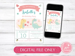 DIGITAL Dinosaur PERSONALISED Invitations - Girls Dino Birthday Party Invites - Picture 1 of 5