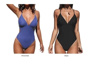 CUPSHE Women’s One Piece Swimsuit Crisscross Back Ruched Cut Out V Neck NWT - Picture 1 of 9