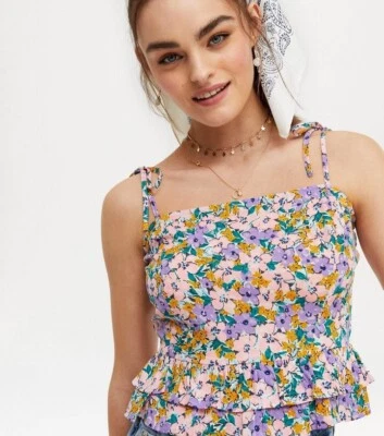 New Look Floral Purple Peplum Ruffle Tie Strap Crop Cami Top UK Size 12 - Image 1 of 4