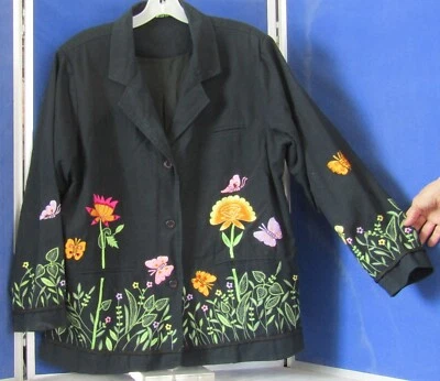 EUC Embroidered BUTTERFLIES & FLOWERS Black BLAZER by QUACKER FACTORY India XL - Image 1 of 4