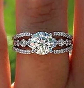 Rhodium Plated Sterling Silver Round Cubic Zirconia CZ Engagement Wedding Ring 9 - Picture 1 of 2