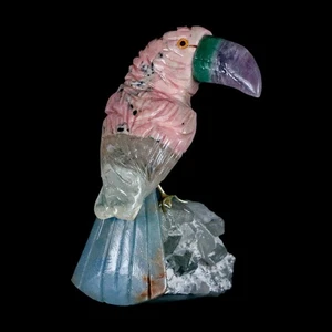 3" Hand Carved Bird Perched on Crystals Quartz Toucan Pink Calcite, Amethyst - Picture 1 of 6