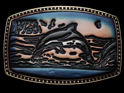 KF29159 *NOS* GREAT VINTAGE 1970s ***JUMPING DOLPHIN*** PAINTED LEATHER BUCKLE - Image 1 of 3