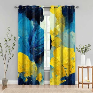 Abstract Art Blackout Curtains Modern Yellow Blue Printed Drapes Vibrant Desi... - Picture 1 of 7