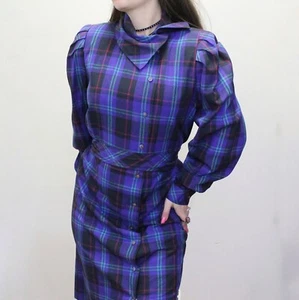 Vintage 80s Purple Plaid Secretary Dress by Nicole Miller 100% Silk Dress - Picture 1 of 7