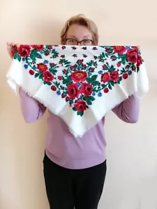 Vintage Square Scarf White Floral Head Neck Shawl Red Roses Women Ukraine Folk - Picture 1 of 7