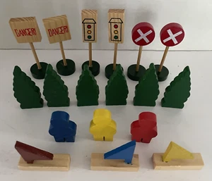 Wooden Street Sign Playset:  Stop, Danger, Men, Flags, Trees, Railway X-crossing - Picture 1 of 4