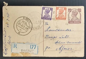 1948 India Reg 1/2A Stamped Postcard ties 3 Stamps cd Baraut-Ajmer - Picture 1 of 2