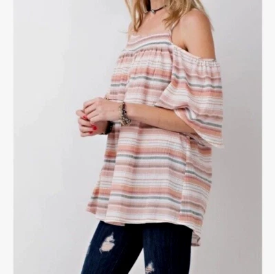 EASEL ~ Nuevo1 Hombro Frío Rayas Algodón Relajado Top Correas Ajustables Nuevo Sin Etiquetas Talla S Foto 1 de 4
